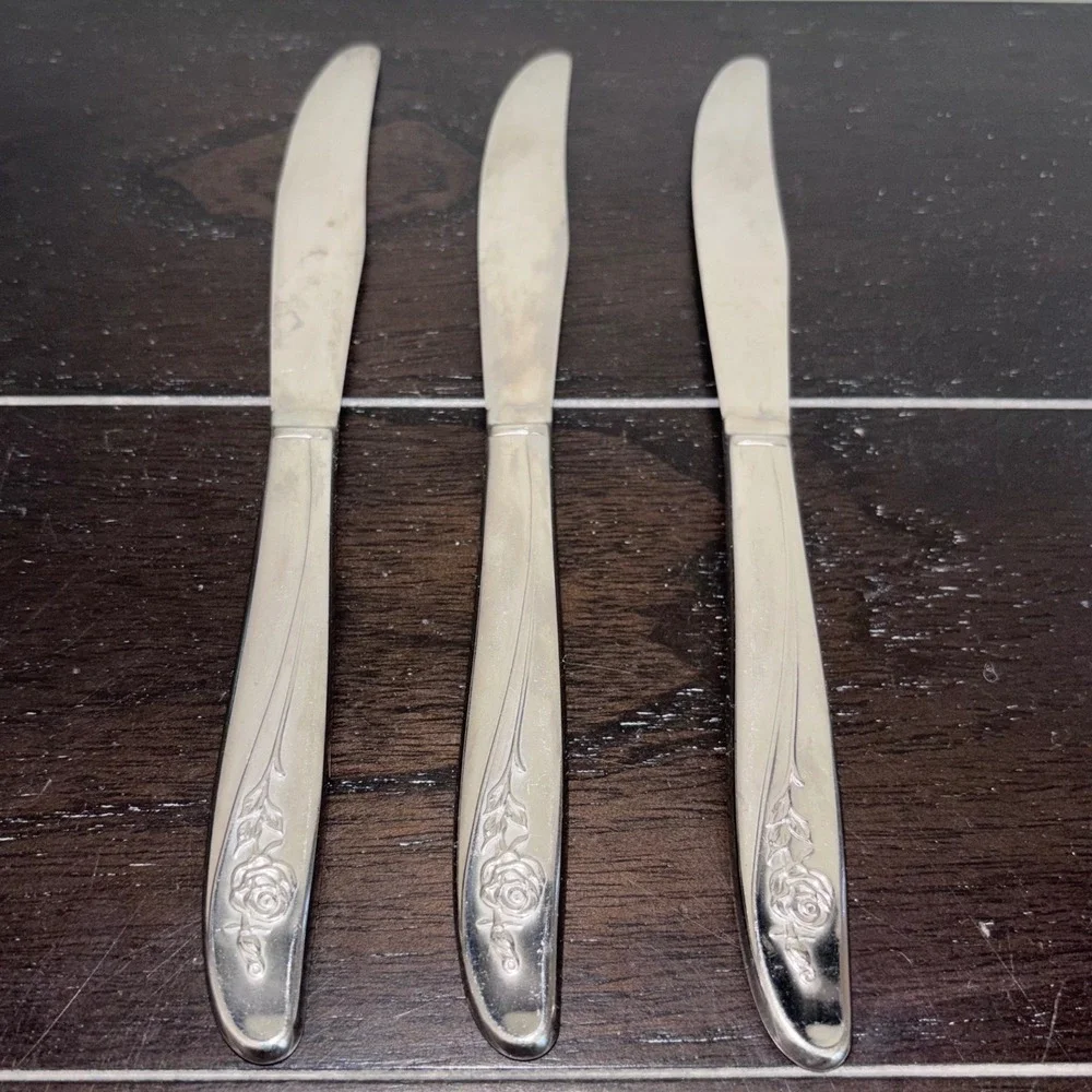 Vintage | Oneida |‎ MY ROSE Pattern | Stainless Steel Dinner Knives | Set of 3